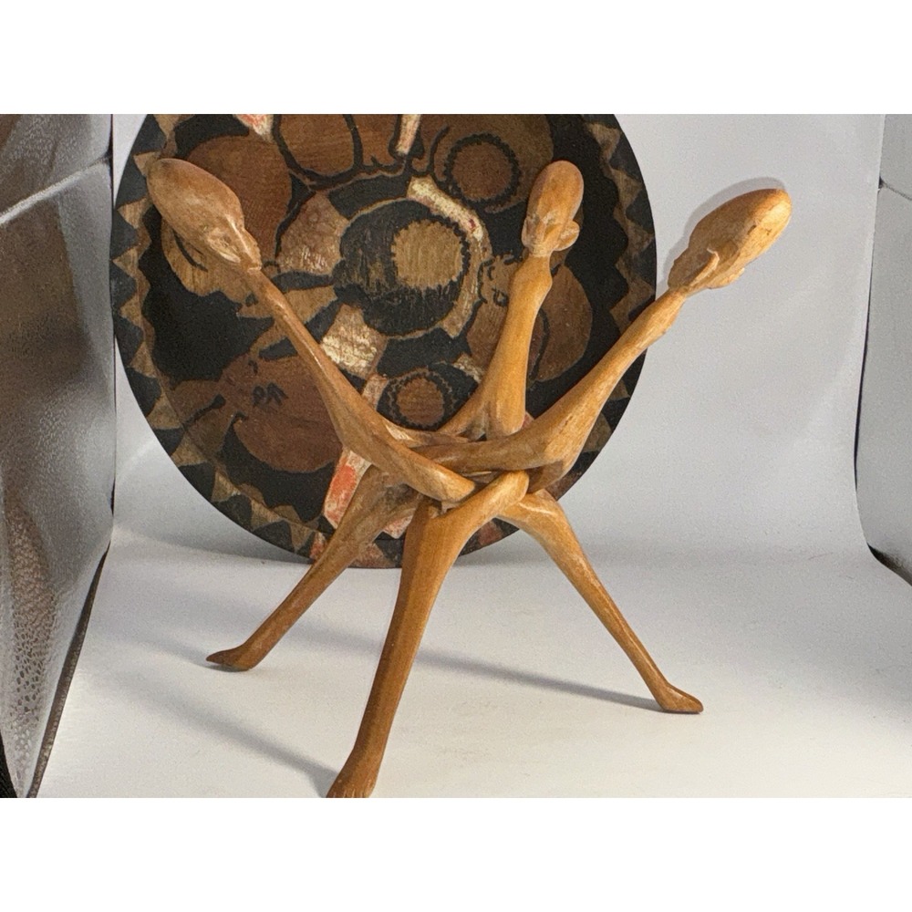Vintage African Wooden Sculpture Holder For Wooden Bowl With Rabbit Design